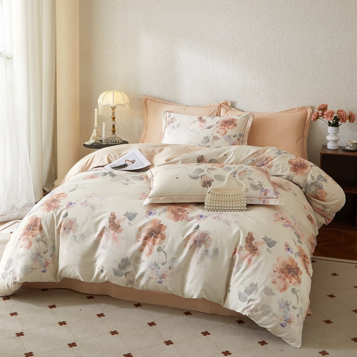 91家纺网 家纺一手货源 找家纺 沐白家居 2026新款亲肤舒适全棉印花四件套 香野-粉