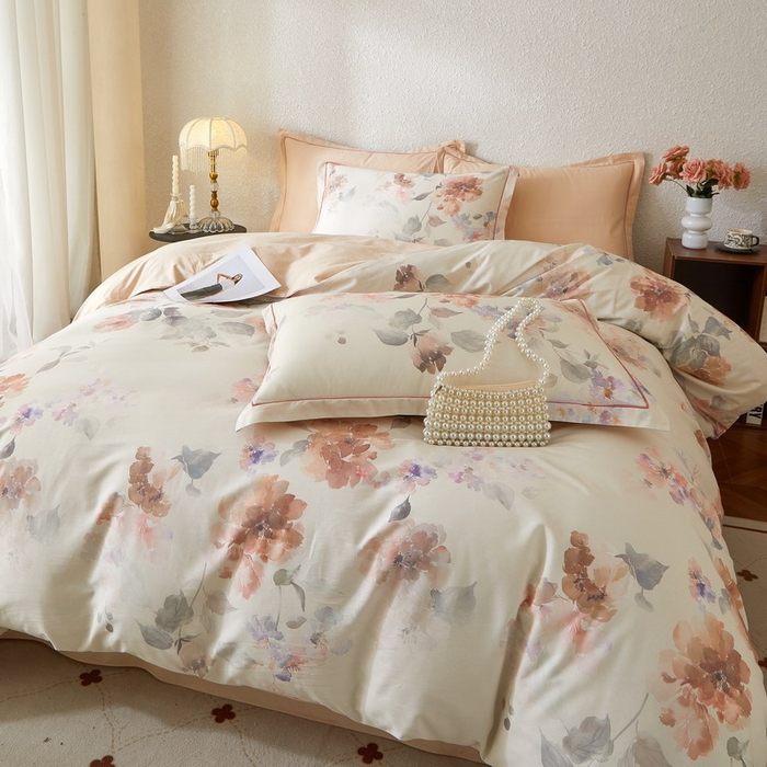 91家纺网 家纺一手货源 找家纺 沐白家居 2026新款亲肤舒适全棉印花四件套 香野-粉