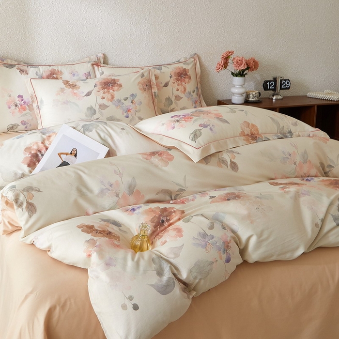 91家纺网 家纺一手货源 找家纺 沐白家居 2026新款亲肤舒适全棉印花四件套 香野-粉