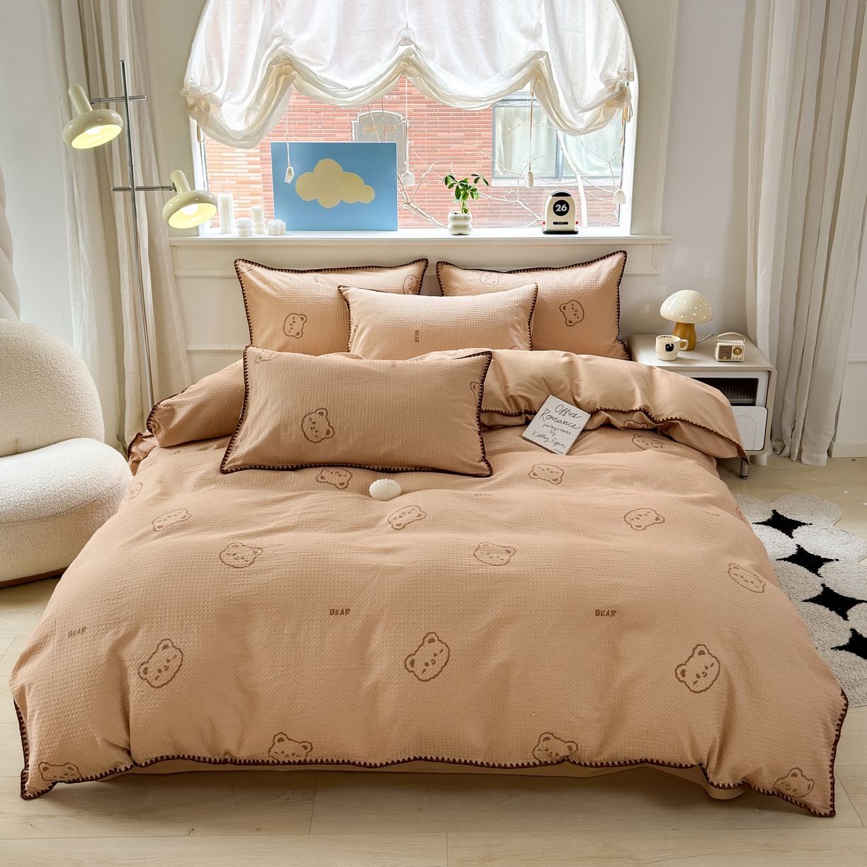 91家纺网 家纺一手货源 找家纺 雯雨家纺 2026新款A类全棉华夫格提花贝壳边工艺四件套 萌动时光咖