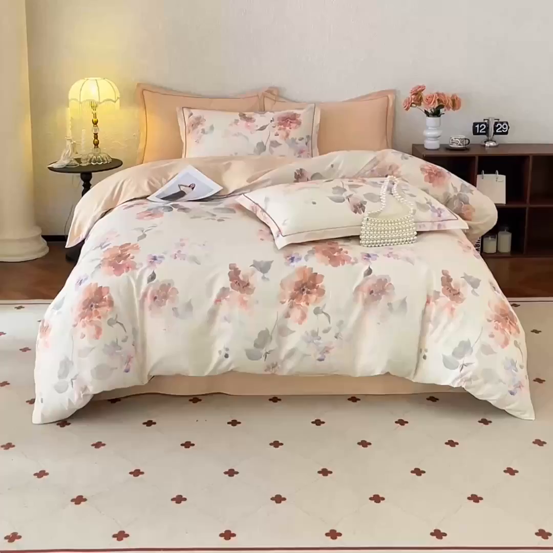 91家纺网 家纺一手货源 找家纺 沐白家居 2026新款亲肤舒适全棉印花四件套 香野-粉