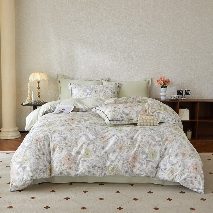 91家纺网 家纺一手货源 找家纺 沐白家居 2026新款亲肤舒适全棉印花四件套 邂逅（绿）