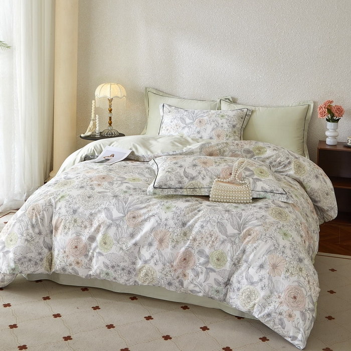 91家纺网 家纺一手货源 找家纺 沐白家居 2026新款亲肤舒适全棉印花四件套 邂逅（绿）