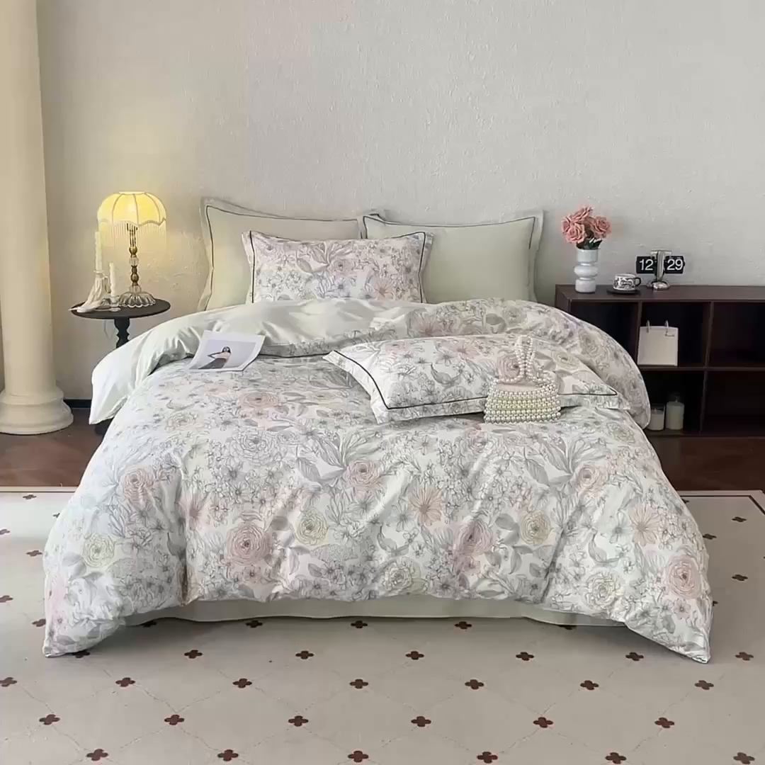 91家纺网 家纺一手货源 找家纺 沐白家居 2026新款亲肤舒适全棉印花四件套 邂逅（绿）