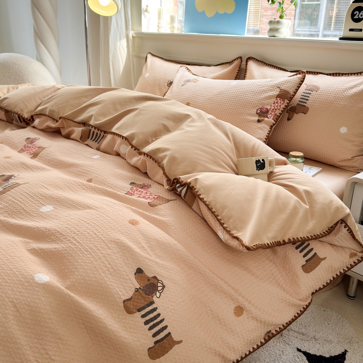 91家纺网 家纺一手货源 找家纺 雯雨家纺 2026新款A类全棉华夫格提花贝壳边工艺四件套 瑞乐棕