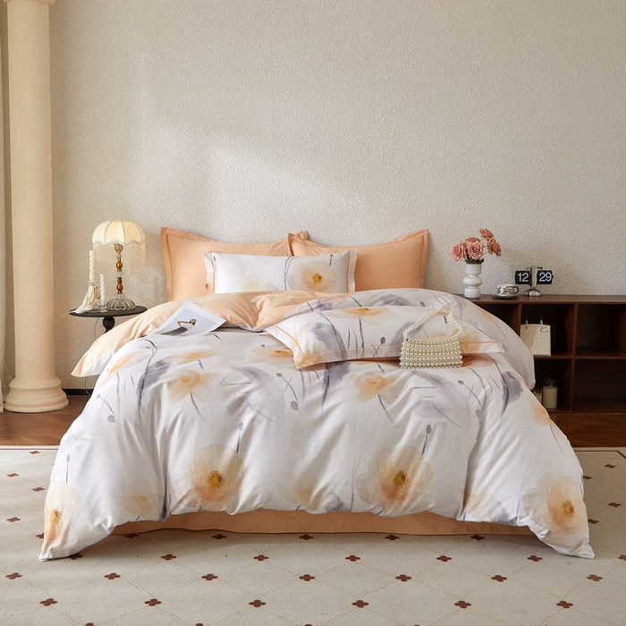 91家纺网 家纺一手货源 找家纺 沐白家居 2026新款亲肤舒适全棉印花四件套 星荷（桔）