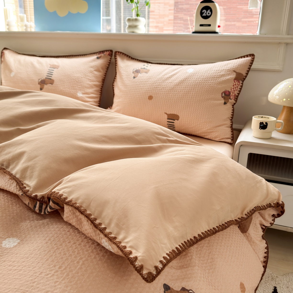 91家纺网 家纺一手货源 找家纺 雯雨家纺 2026新款A类全棉华夫格提花贝壳边工艺四件套 瑞乐棕