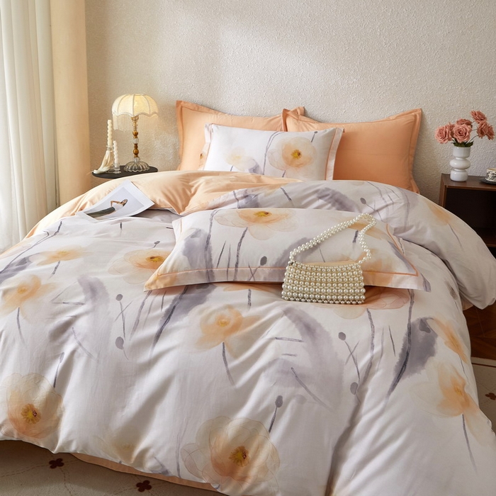 91家纺网 家纺一手货源 找家纺 沐白家居 2026新款亲肤舒适全棉印花四件套 星荷（桔）