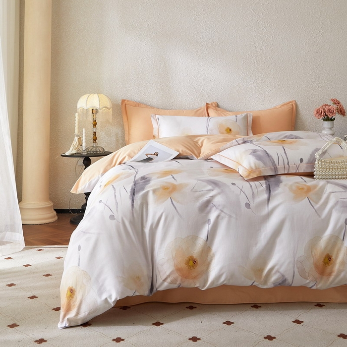 91家纺网 家纺一手货源 找家纺 沐白家居 2026新款亲肤舒适全棉印花四件套 星荷（桔）