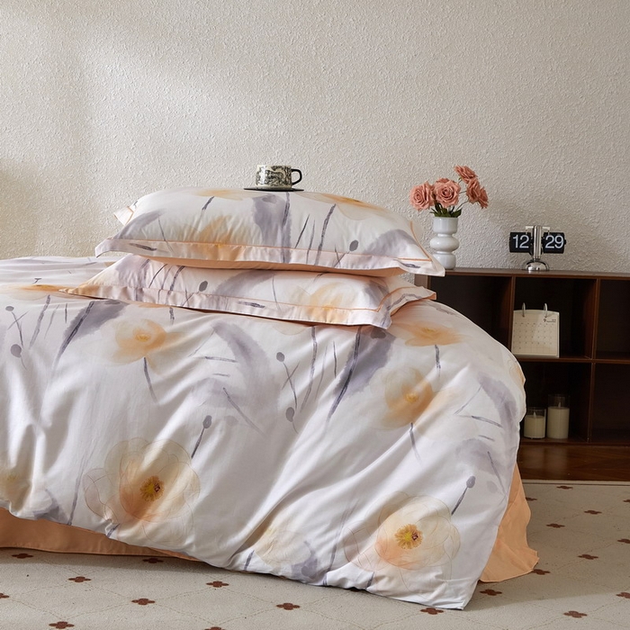 91家纺网 家纺一手货源 找家纺 沐白家居 2026新款亲肤舒适全棉印花四件套 星荷（桔）