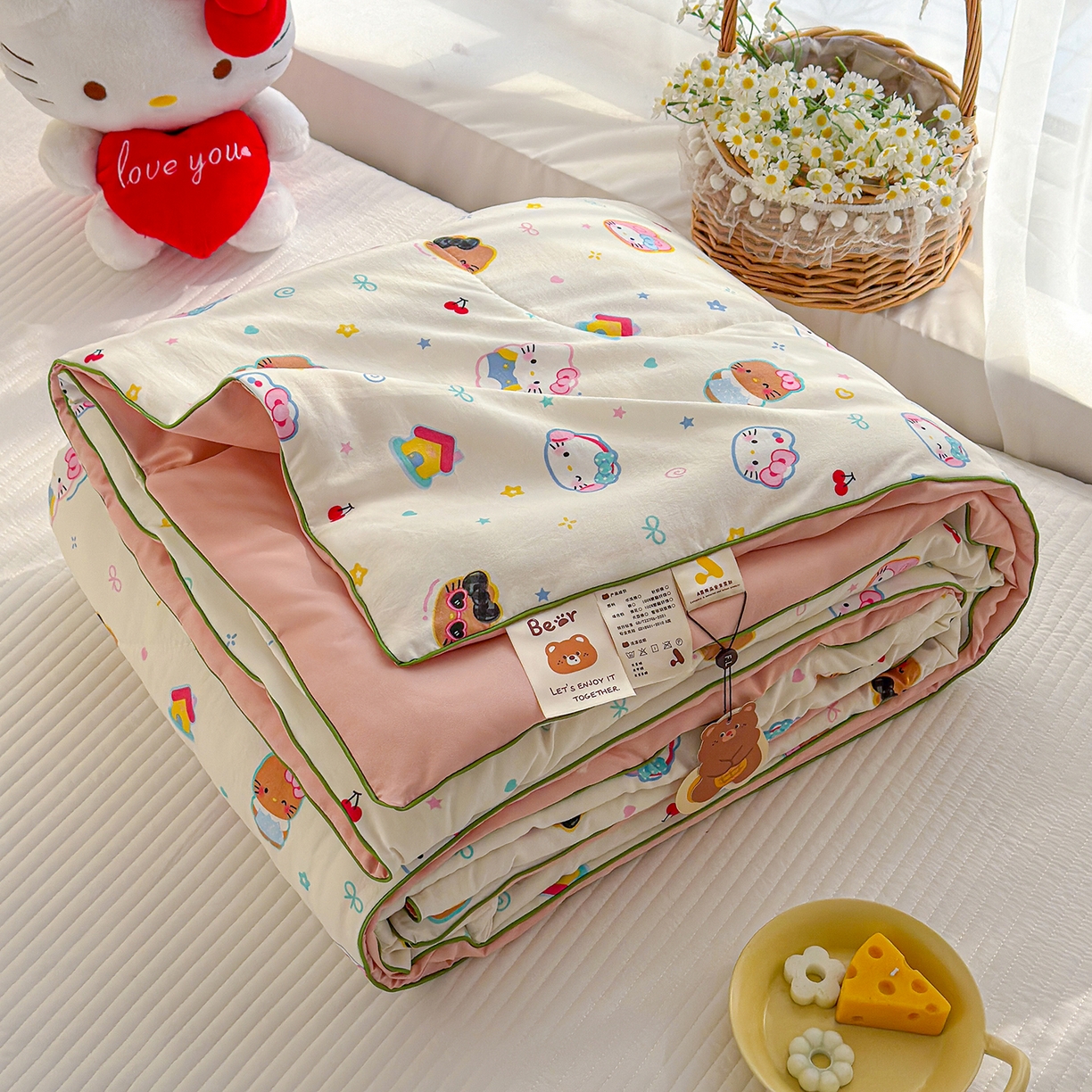 91家纺网 家纺一手货源 找家纺 弗苓家纺 2026新款A类水洗皱皱纱夏被夏凉被空调被 软萌凯蒂