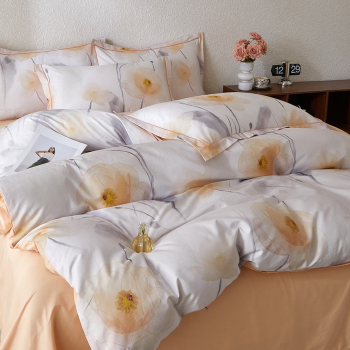 91家纺网 家纺一手货源 找家纺 沐白家居 2026新款亲肤舒适全棉印花四件套 星荷（桔）