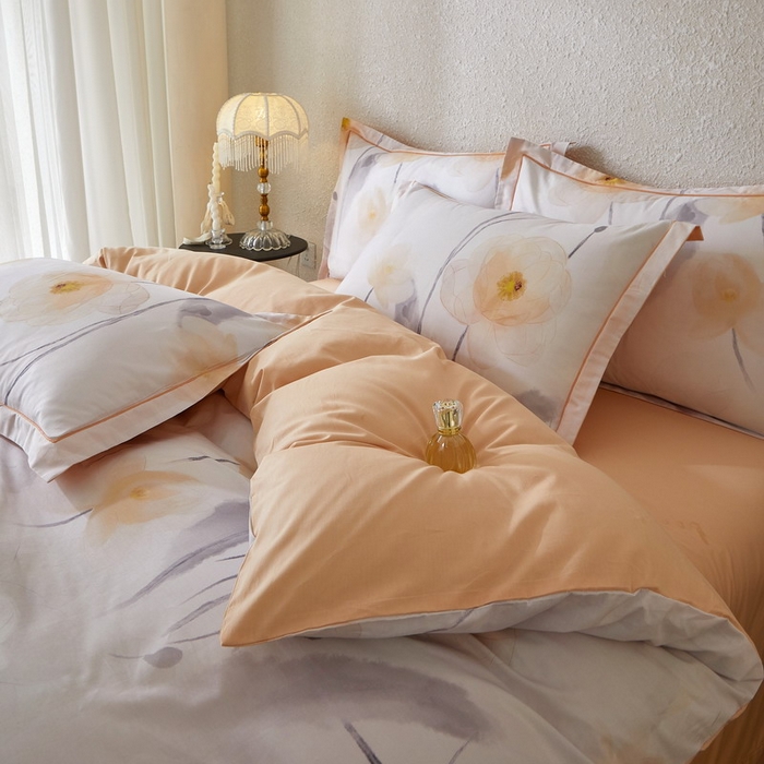 91家纺网 家纺一手货源 找家纺 沐白家居 2026新款亲肤舒适全棉印花四件套 星荷（桔）