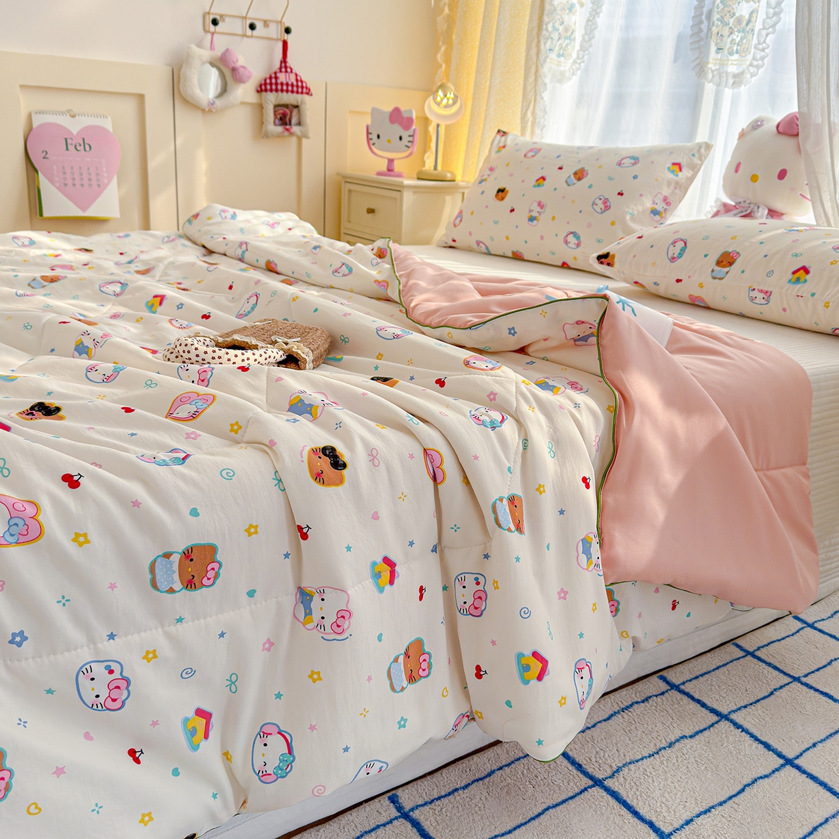 91家纺网 家纺一手货源 找家纺 弗苓家纺 2026新款A类水洗皱皱纱夏被夏凉被空调被 软萌凯蒂