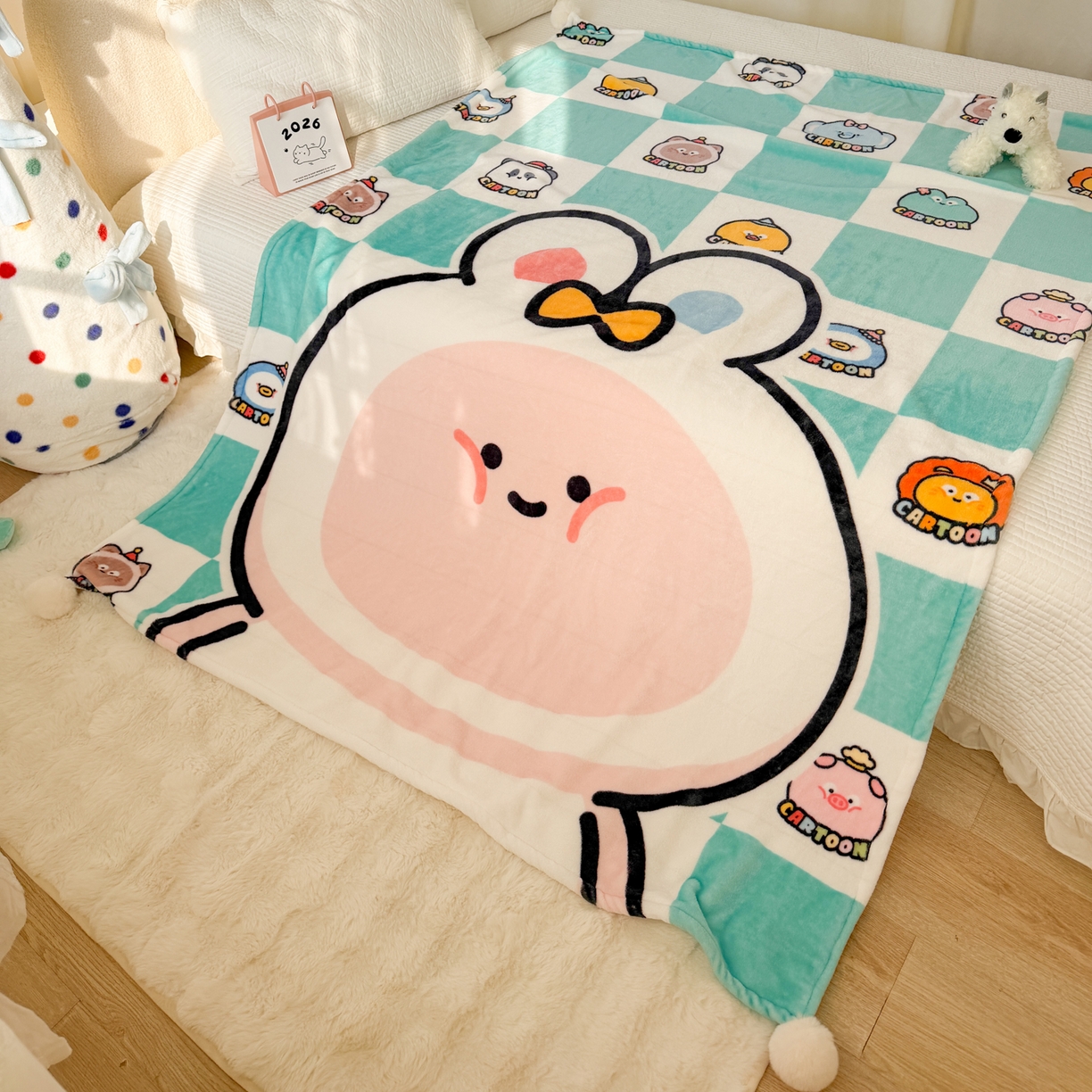 91家纺网 家纺一手货源 找家纺 潮邦创意家居 2026新款星眠绒单层双面球毯-BubbleTots巴波布布独家授权 巴波桃桃