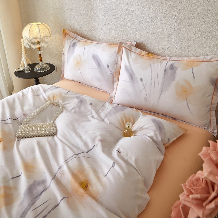 91家纺网 家纺一手货源 找家纺 沐白家居 2026新款亲肤舒适全棉印花四件套 星荷（桔）