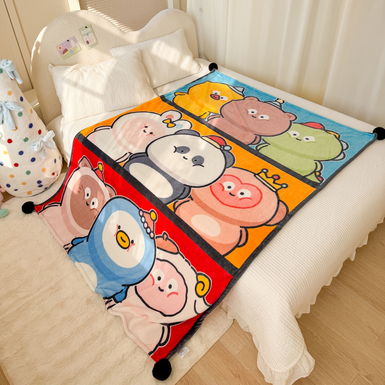 91家纺网 家纺一手货源 找家纺 潮邦创意家居 2026新款星眠绒单层双面球毯-BubbleTots巴波布布独家授权 巴波萌团