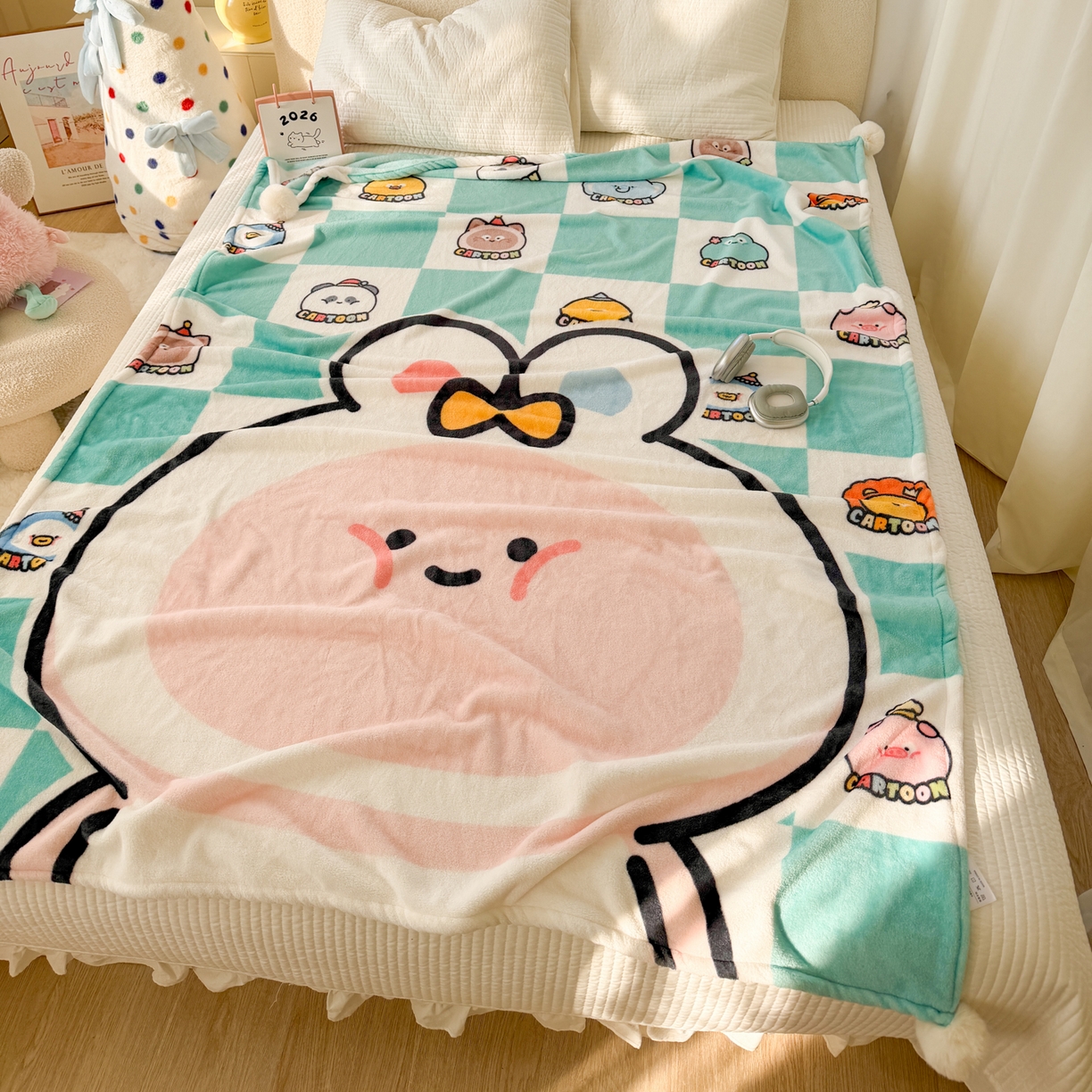 91家纺网 家纺一手货源 找家纺 潮邦创意家居 2026新款星眠绒单层双面球毯-BubbleTots巴波布布独家授权 巴波桃桃