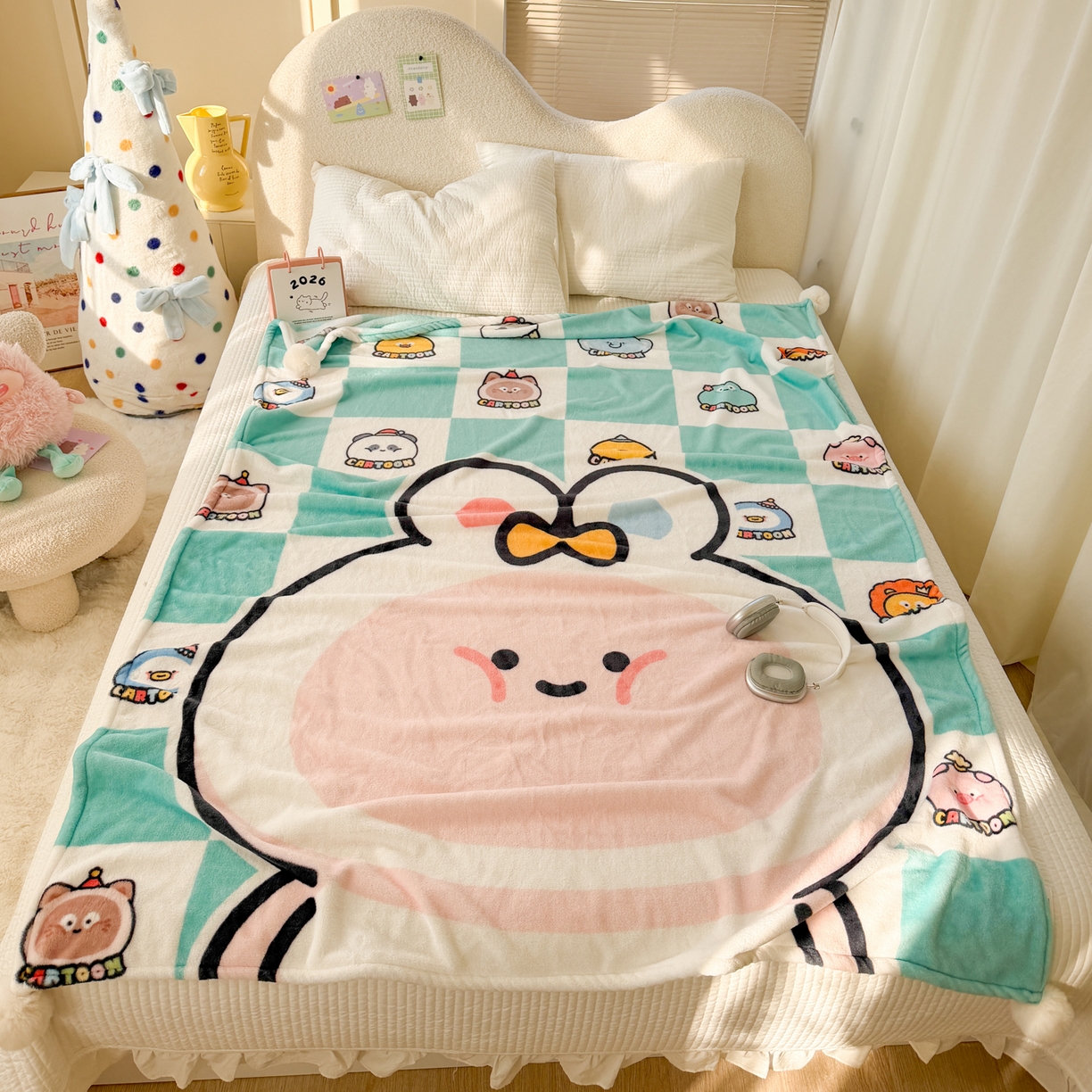 91家纺网 家纺一手货源 找家纺 潮邦创意家居 2026新款星眠绒单层双面球毯-BubbleTots巴波布布独家授权 巴波桃桃