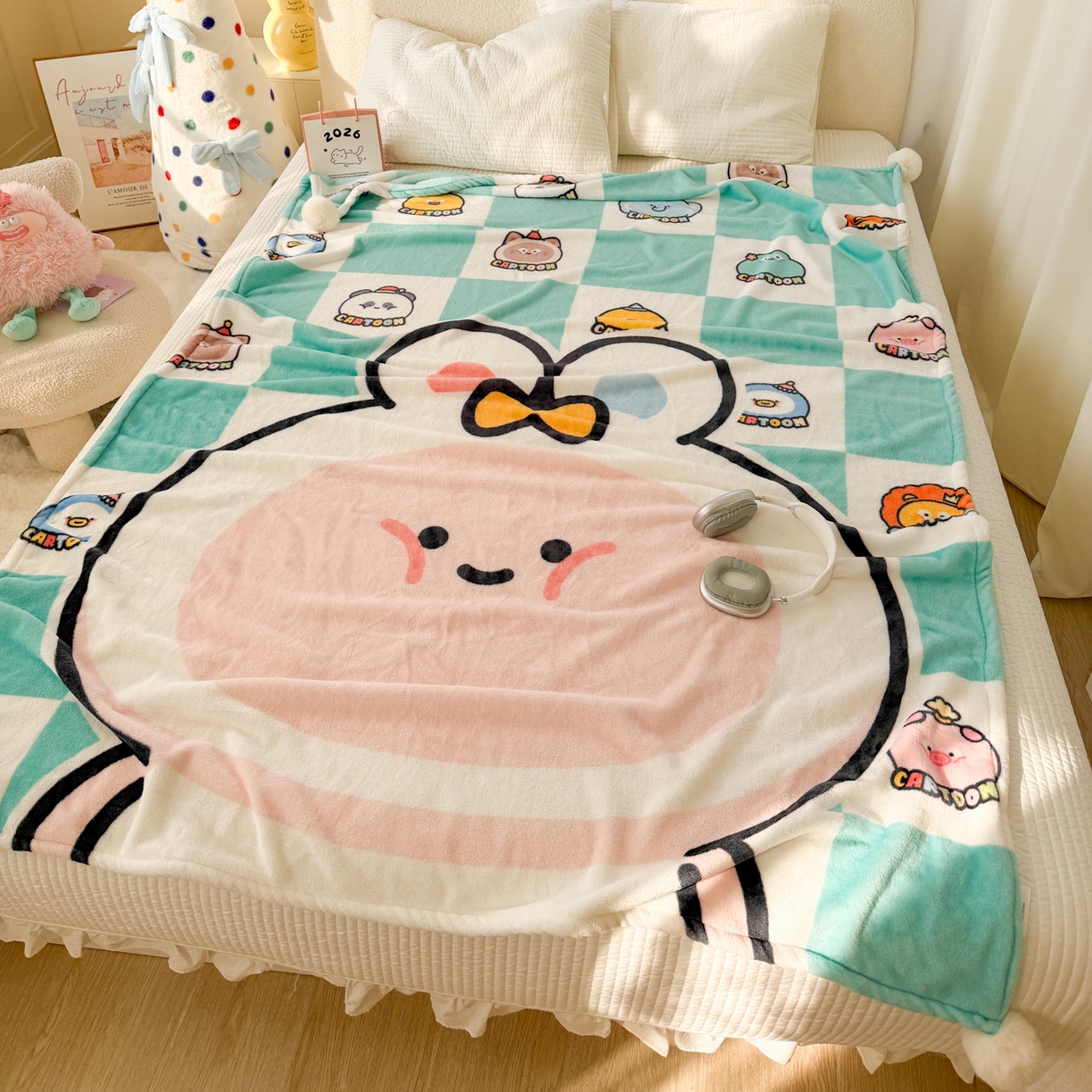 91家纺网 家纺一手货源 找家纺 潮邦创意家居 2026新款星眠绒单层双面球毯-BubbleTots巴波布布独家授权 巴波桃桃