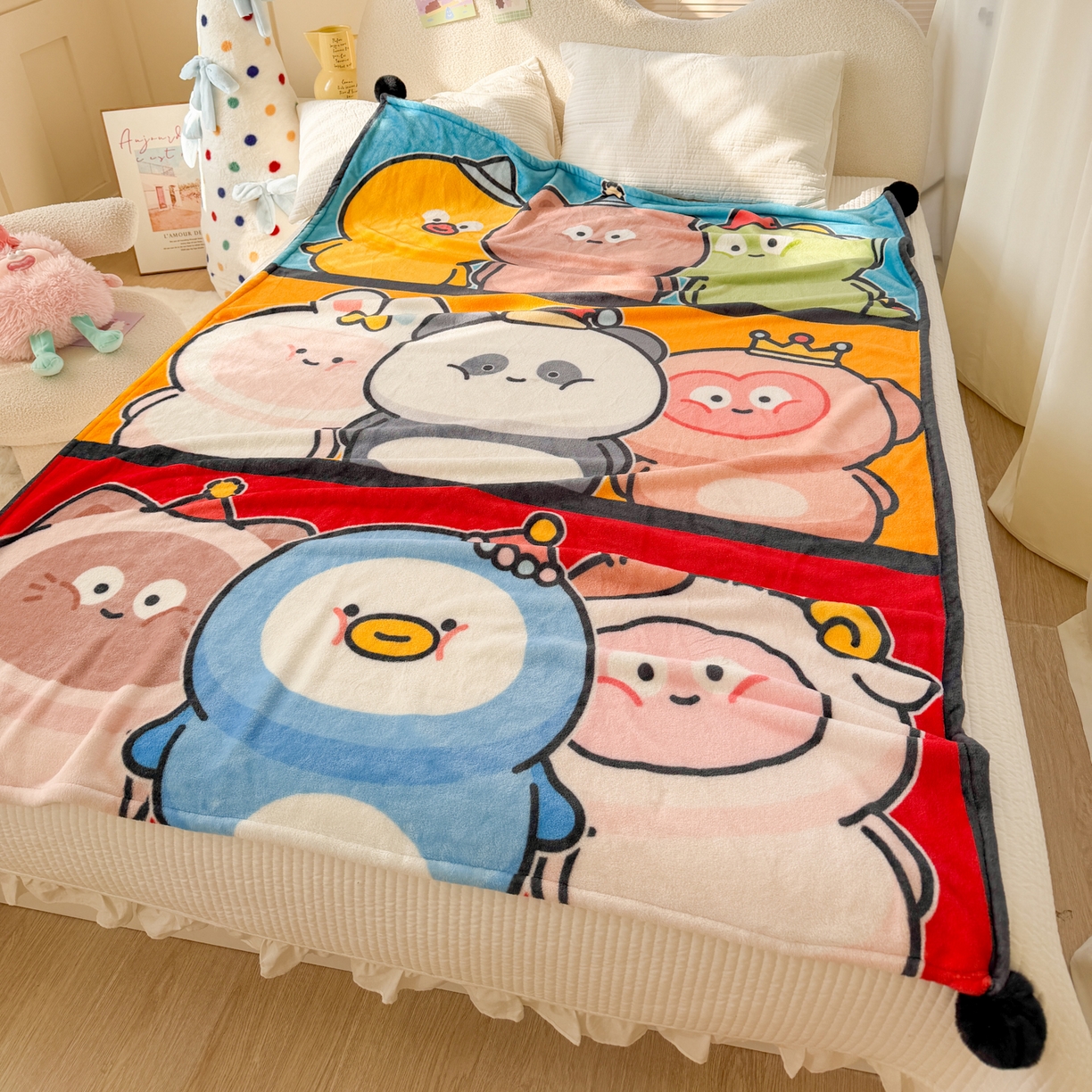 91家纺网 家纺一手货源 找家纺 潮邦创意家居 2026新款星眠绒单层双面球毯-BubbleTots巴波布布独家授权 巴波萌团