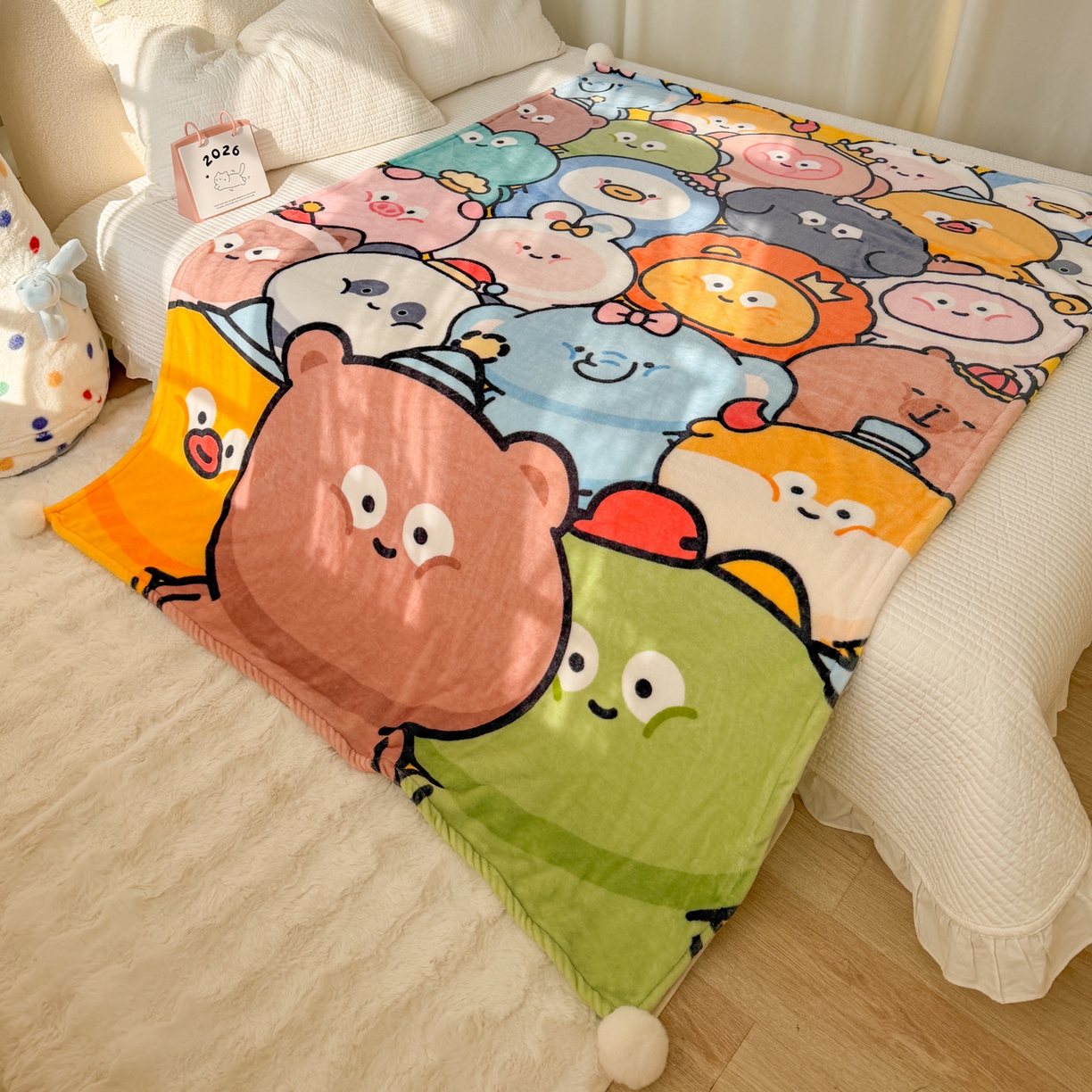 91家纺网 家纺一手货源 找家纺 潮邦创意家居 2026新款星眠绒单层双面球毯-BubbleTots巴波布布独家授权 巴波众萌