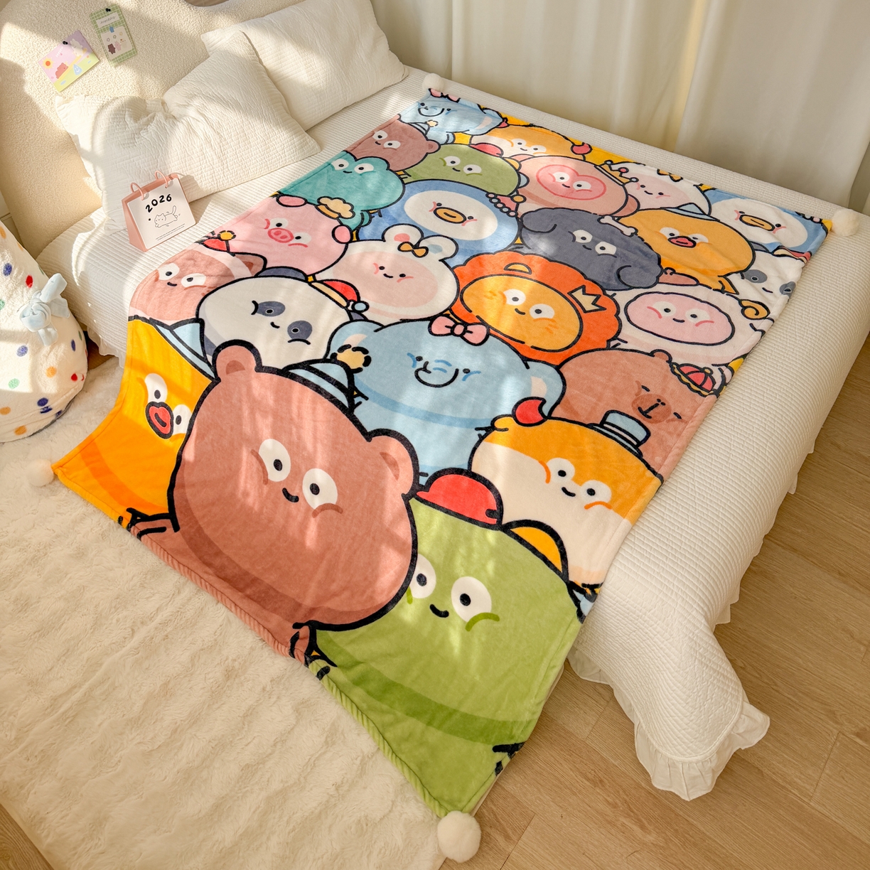 91家纺网 家纺一手货源 找家纺 潮邦创意家居 2026新款星眠绒单层双面球毯-BubbleTots巴波布布独家授权 巴波众萌