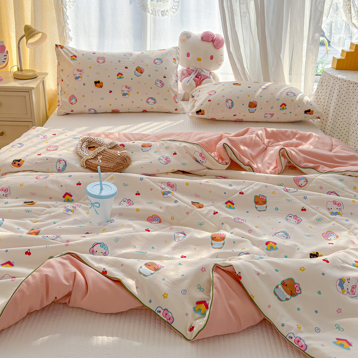 91家纺网 家纺一手货源 找家纺 弗苓家纺 2026新款A类水洗皱皱纱夏被夏凉被空调被 软萌凯蒂