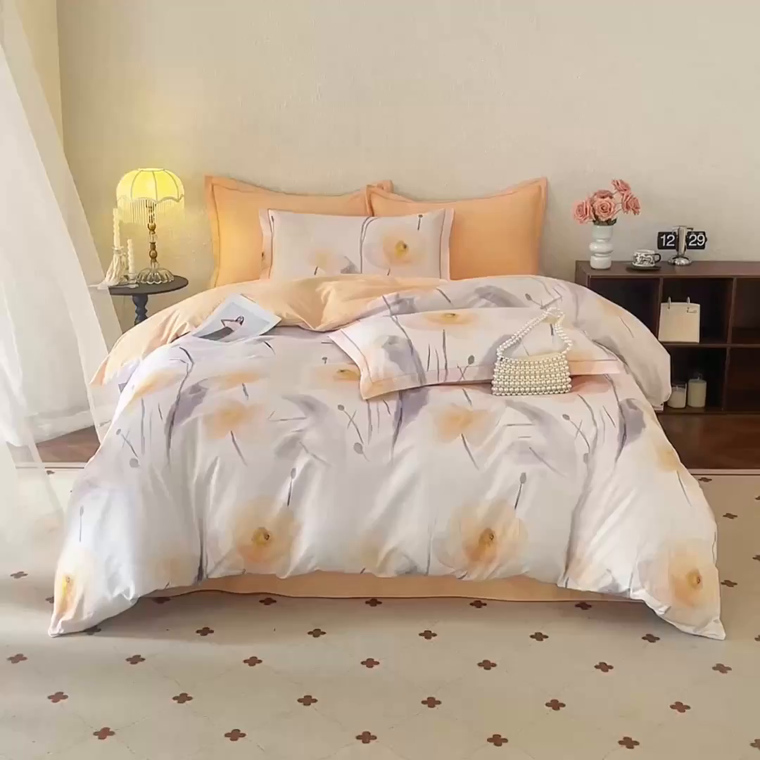 91家纺网 家纺一手货源 找家纺 沐白家居 2026新款亲肤舒适全棉印花四件套 星荷（桔）