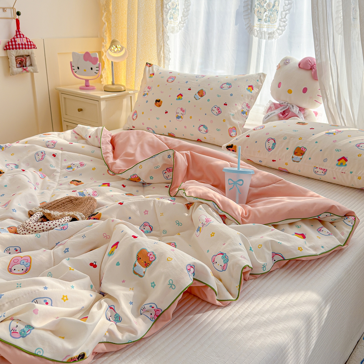 91家纺网 家纺一手货源 找家纺 弗苓家纺 2026新款A类水洗皱皱纱夏被夏凉被空调被 软萌凯蒂