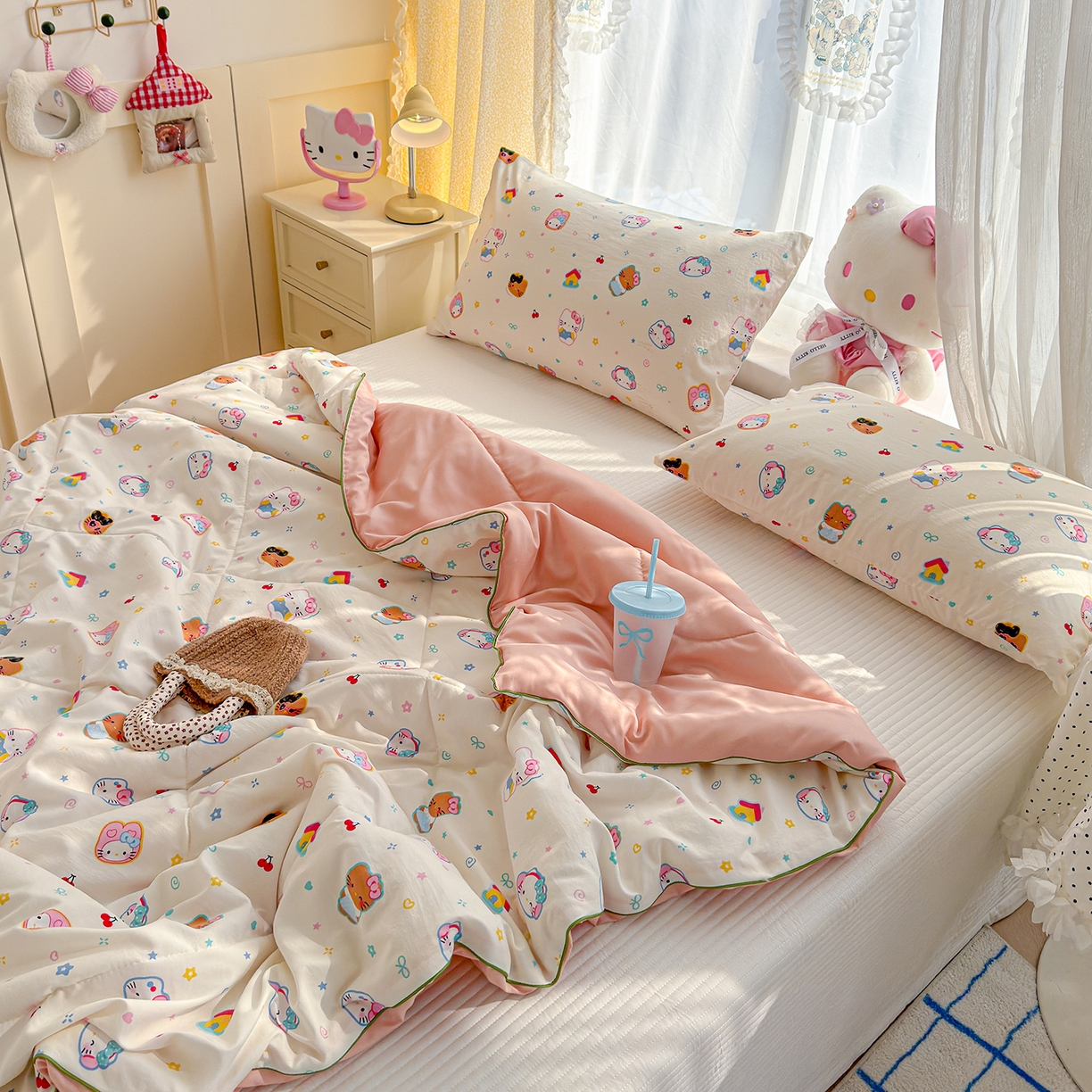 91家纺网 家纺一手货源 找家纺 弗苓家纺 2026新款A类水洗皱皱纱夏被夏凉被空调被 软萌凯蒂