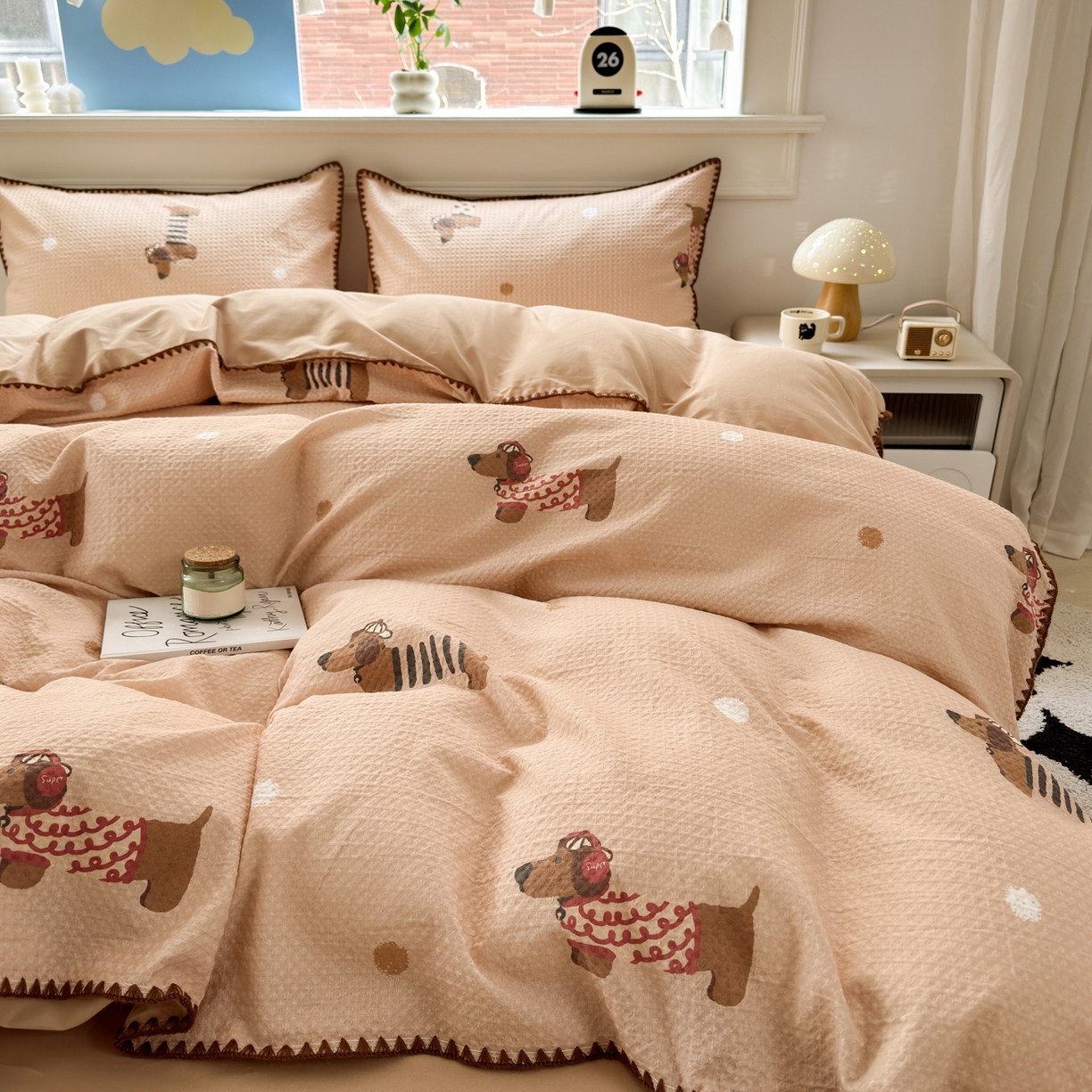 91家纺网 家纺一手货源 找家纺 雯雨家纺 2026新款A类全棉华夫格提花贝壳边工艺四件套 瑞乐棕