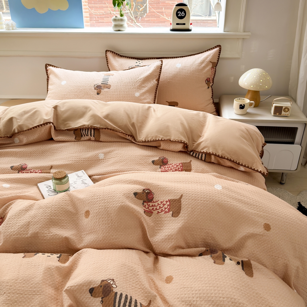 91家纺网 家纺一手货源 找家纺 雯雨家纺 2026新款A类全棉华夫格提花贝壳边工艺四件套 瑞乐棕