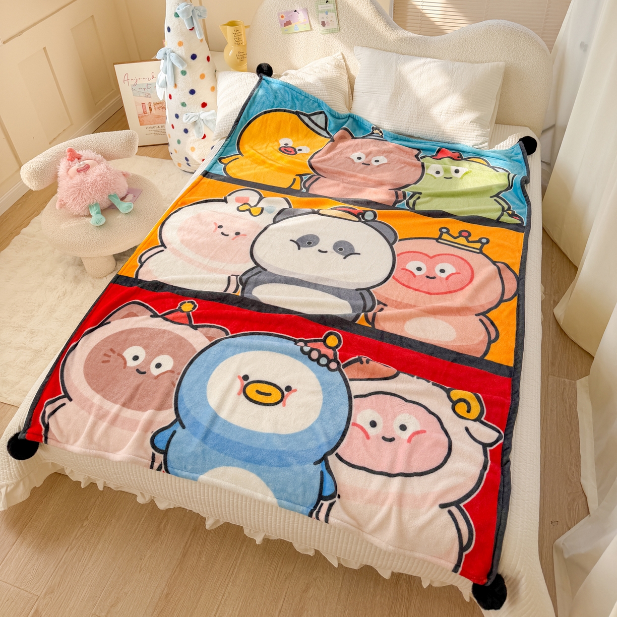 91家纺网 家纺一手货源 找家纺 潮邦创意家居 2026新款星眠绒单层双面球毯-BubbleTots巴波布布独家授权 巴波萌团