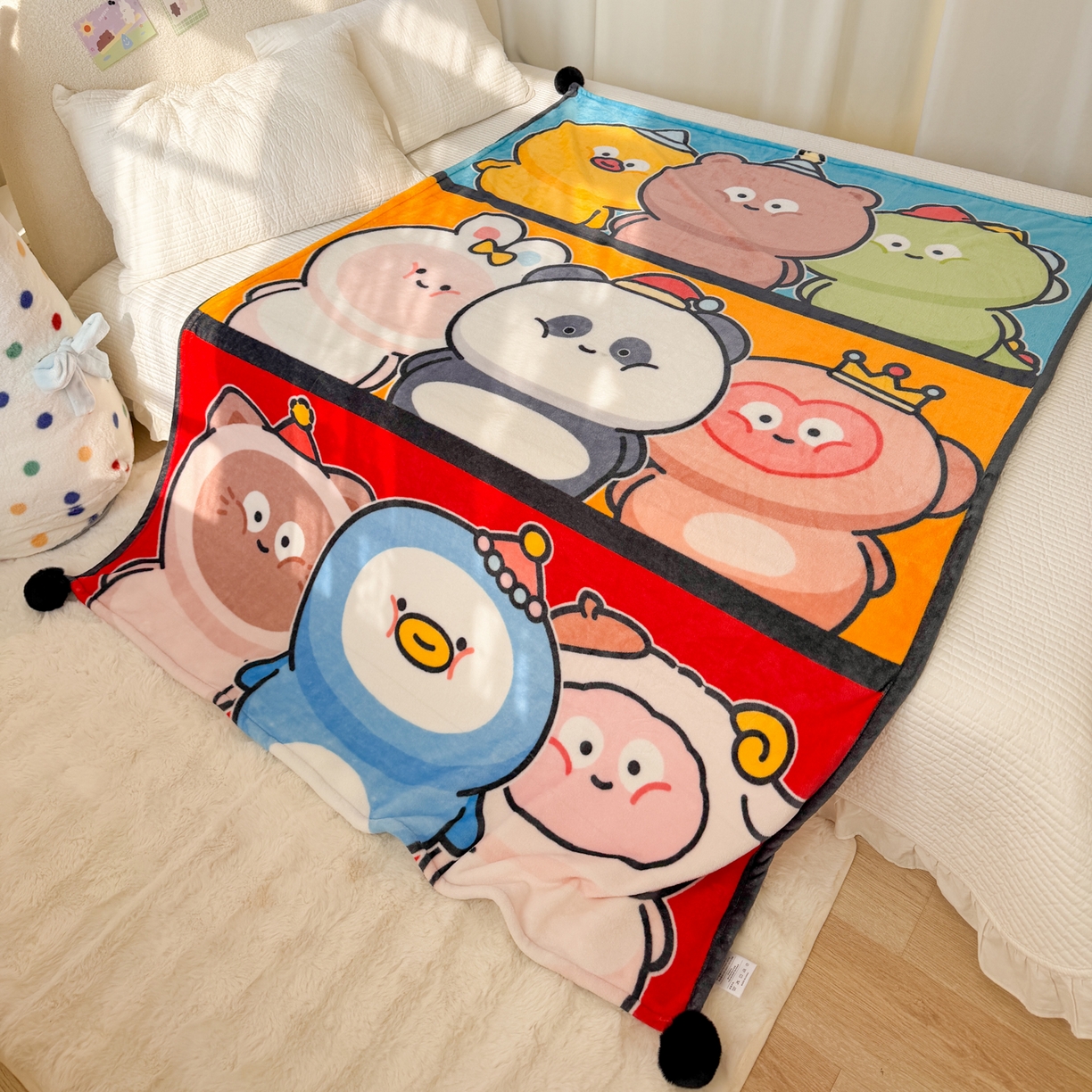 91家纺网 家纺一手货源 找家纺 潮邦创意家居 2026新款星眠绒单层双面球毯-BubbleTots巴波布布独家授权 巴波萌团