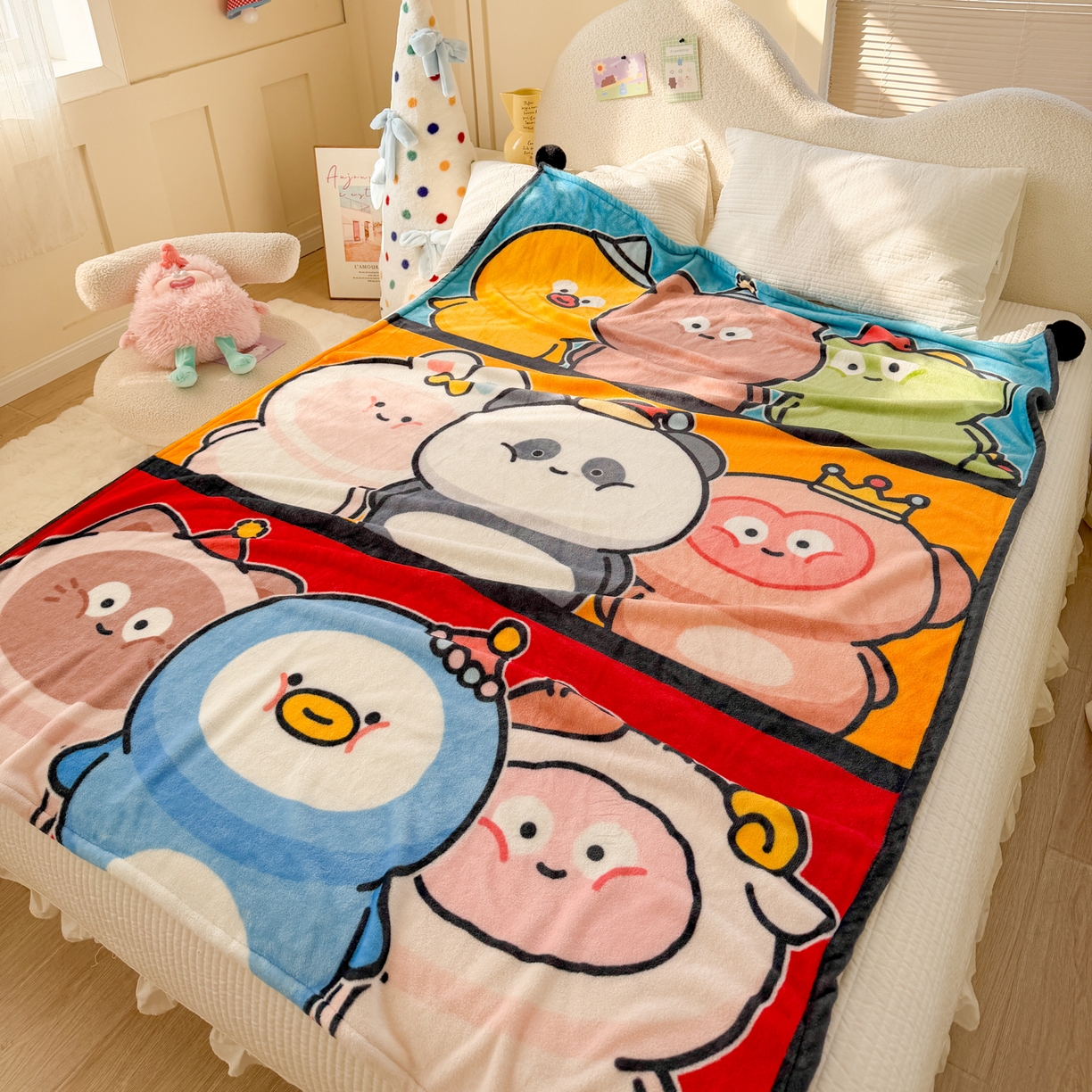 91家纺网 家纺一手货源 找家纺 潮邦创意家居 2026新款星眠绒单层双面球毯-BubbleTots巴波布布独家授权 巴波萌团