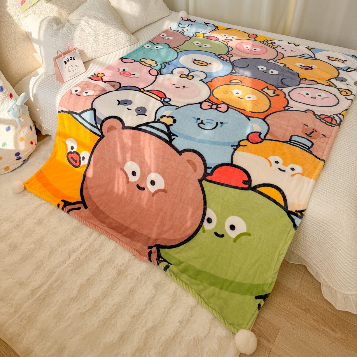 91家纺网 家纺一手货源 找家纺 潮邦创意家居 2026新款星眠绒单层双面球毯-BubbleTots巴波布布独家授权 巴波众萌