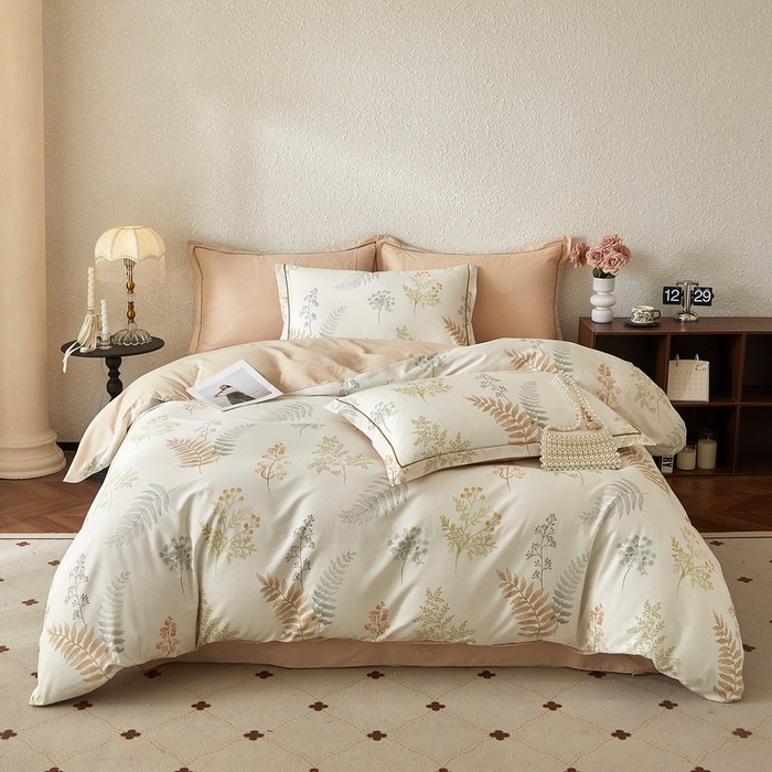 91家纺网 家纺一手货源 找家纺 沐白家居 2026新款亲肤舒适全棉印花四件套 叶时光-桔