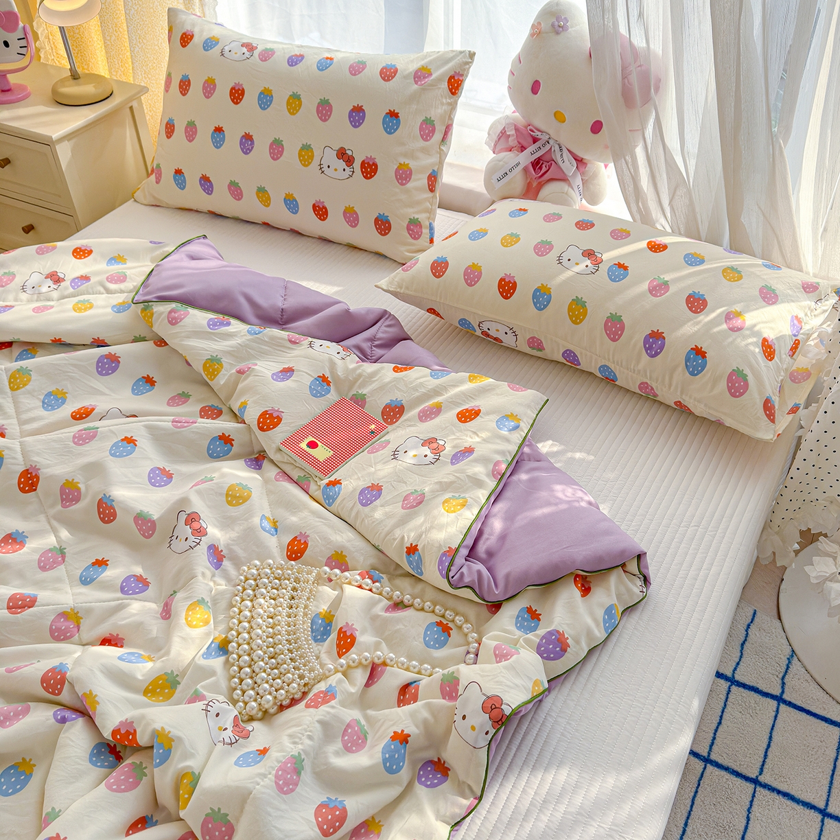 91家纺网 家纺一手货源 找家纺 弗苓家纺 2026新款A类水洗皱皱纱夏被夏凉被空调被 草莓KT