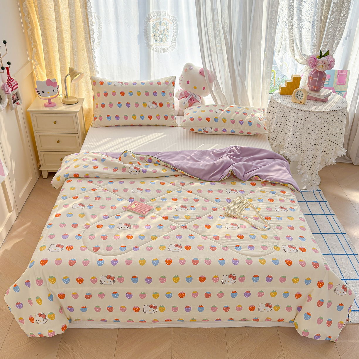 91家纺网 家纺一手货源 找家纺 弗苓家纺 2026新款A类水洗皱皱纱夏被夏凉被空调被 草莓KT