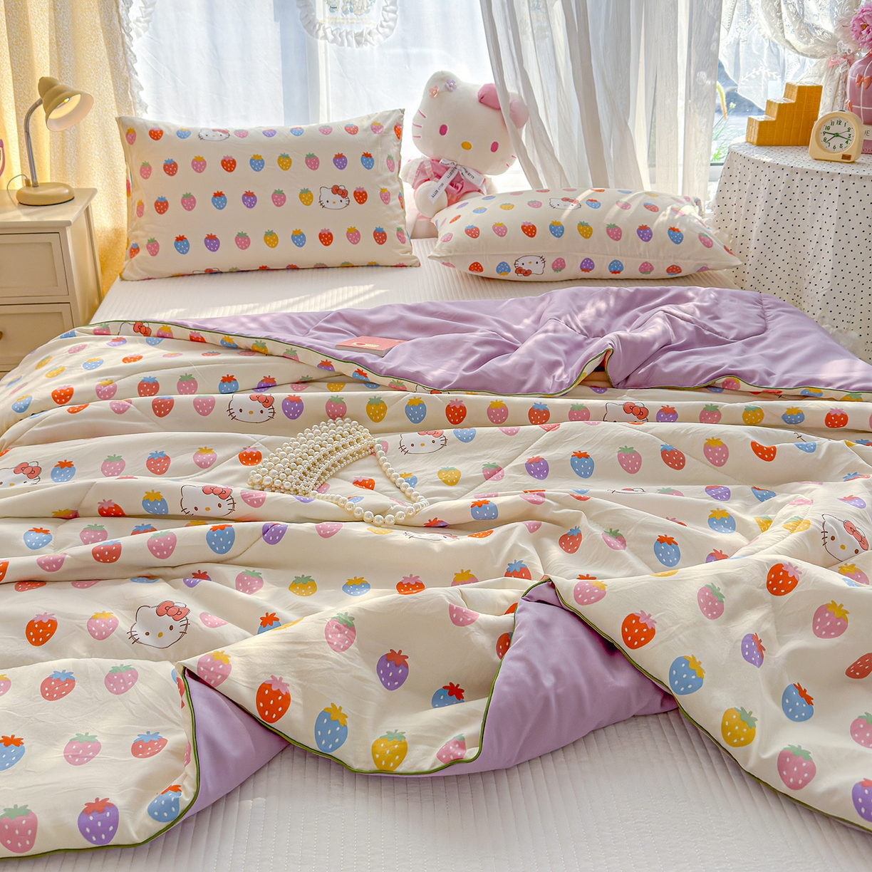 91家纺网 家纺一手货源 找家纺 弗苓家纺 2026新款A类水洗皱皱纱夏被夏凉被空调被 草莓KT