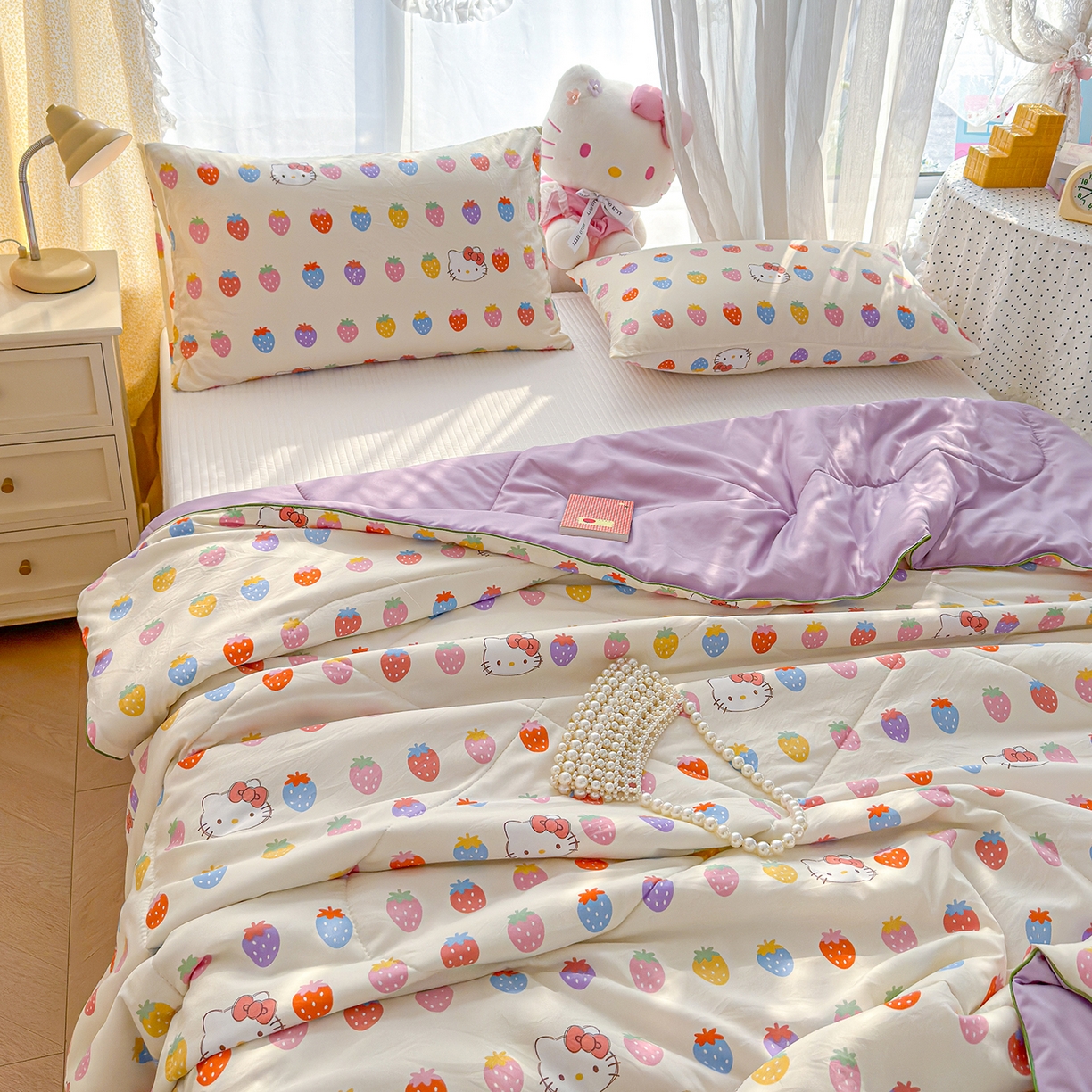 91家纺网 家纺一手货源 找家纺 弗苓家纺 2026新款A类水洗皱皱纱夏被夏凉被空调被 草莓KT