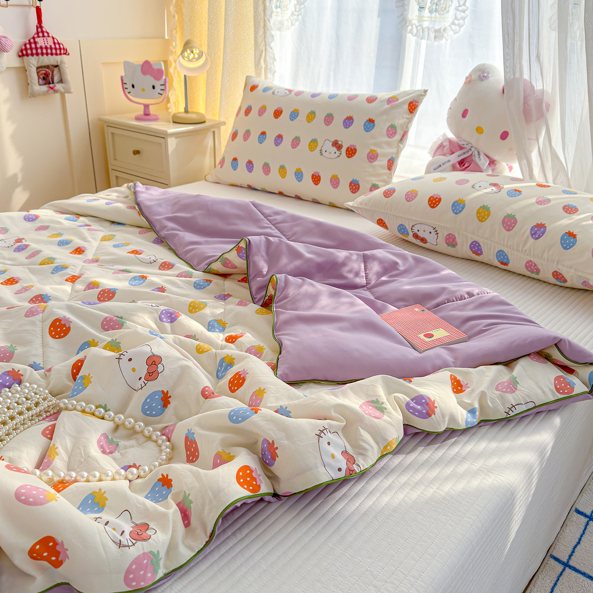 91家纺网 家纺一手货源 找家纺 弗苓家纺 2026新款A类水洗皱皱纱夏被夏凉被空调被 草莓KT