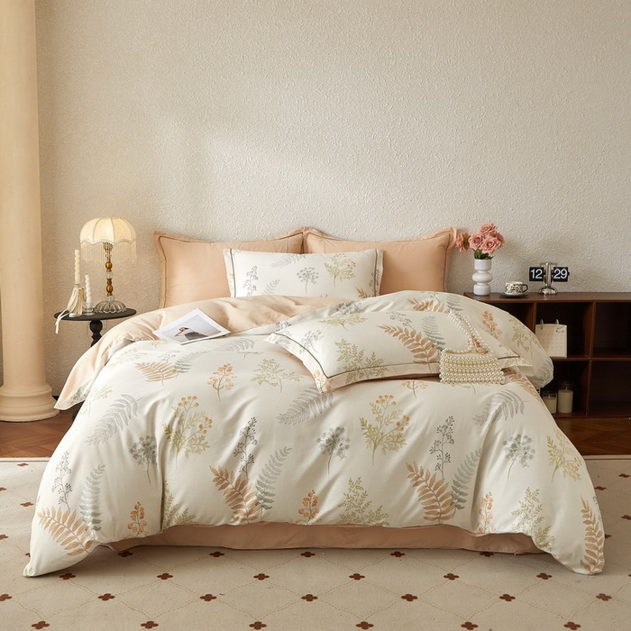 91家纺网 家纺一手货源 找家纺 沐白家居 2026新款亲肤舒适全棉印花四件套 叶时光-桔