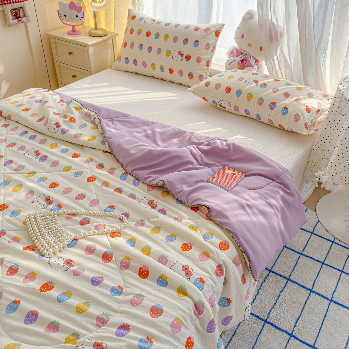 91家纺网 家纺一手货源 找家纺 弗苓家纺 2026新款A类水洗皱皱纱夏被夏凉被空调被 草莓KT