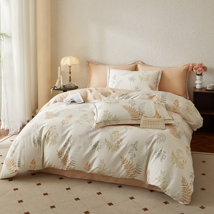 91家纺网 家纺一手货源 找家纺 沐白家居 2026新款亲肤舒适全棉印花四件套 叶时光-桔