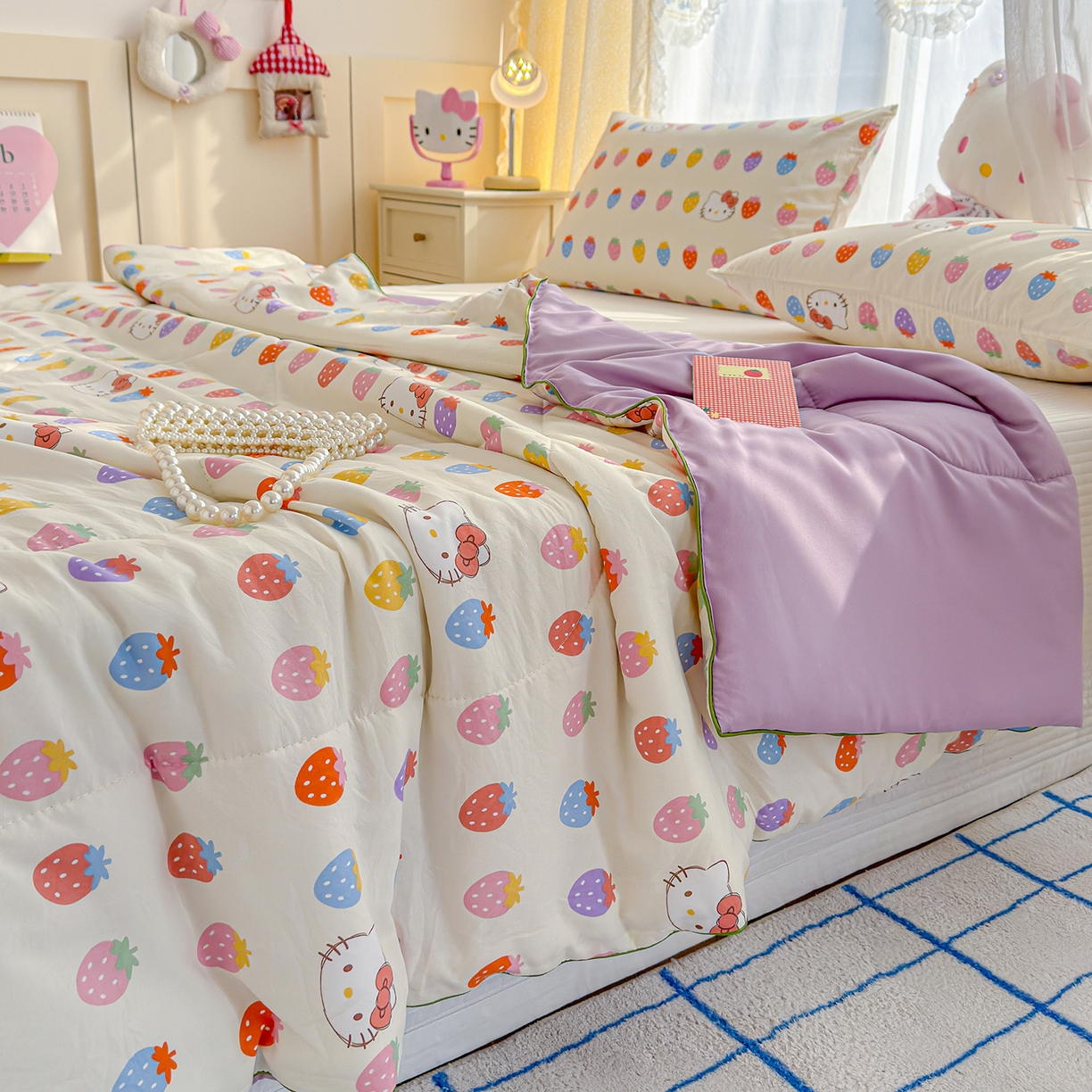 91家纺网 家纺一手货源 找家纺 弗苓家纺 2026新款A类水洗皱皱纱夏被夏凉被空调被 草莓KT