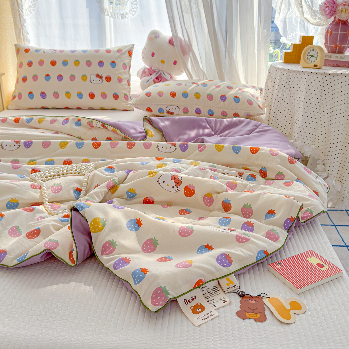 91家纺网 家纺一手货源 找家纺 弗苓家纺 2026新款A类水洗皱皱纱夏被夏凉被空调被 草莓KT