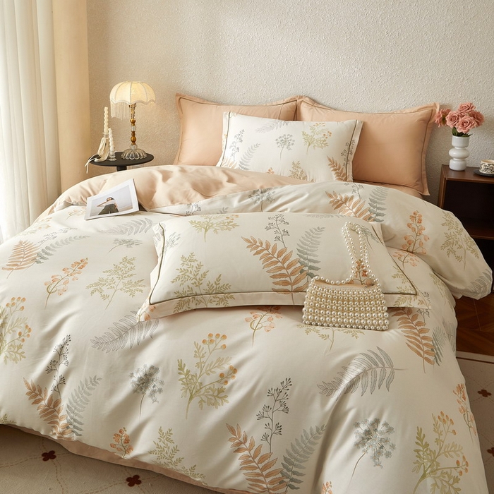 91家纺网 家纺一手货源 找家纺 沐白家居 2026新款亲肤舒适全棉印花四件套 叶时光-桔