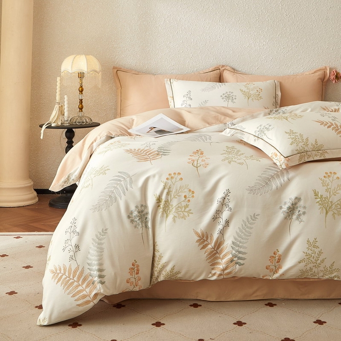 91家纺网 家纺一手货源 找家纺 沐白家居 2026新款亲肤舒适全棉印花四件套 叶时光-桔